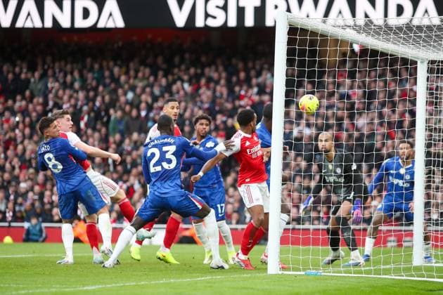 William Saliba of Arsenal scores his team s first goal of the match Arsenal v Chelsea, Football, Premier League, Emirates Stadium, London, UK - 01 03 2026 EDITORIAL USE ONLY No use with unauthorised audio, video, data, fixture lists (outside the EU), club league logos or live services. Online in-match use limited to 45 images (+15 in extra time). No use to emulate moving images. No use in betting, games or Copyright: xAnthonyxHanc Shutterstockx 16718865f