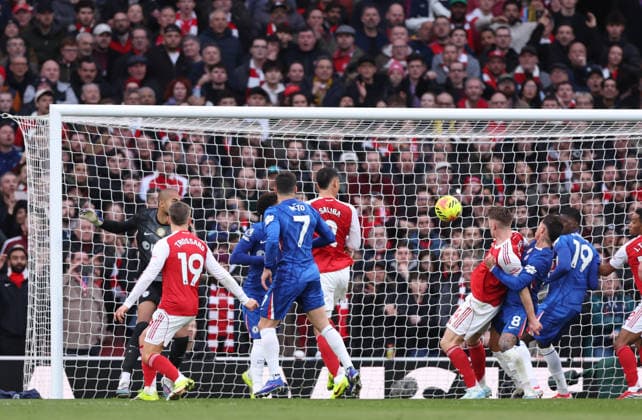 London, England, 1st March 2026. William Saliba of Arsenal directs a header toward goal and scores during the Arsenal vs Chelsea Premier League match at the Emirates Stadium, London. Picture credit should read: David Klein Sportimage EDITORIAL USE ONLY. No use with unauthorised audio, video, data, fixture lists, club league logos or live services. Online in-match use limited to 120 images, no video emulation. No use in betting, games or single club league player publications. SPI_024_DK_Arsenal_Chelsea SPI-4568-0024