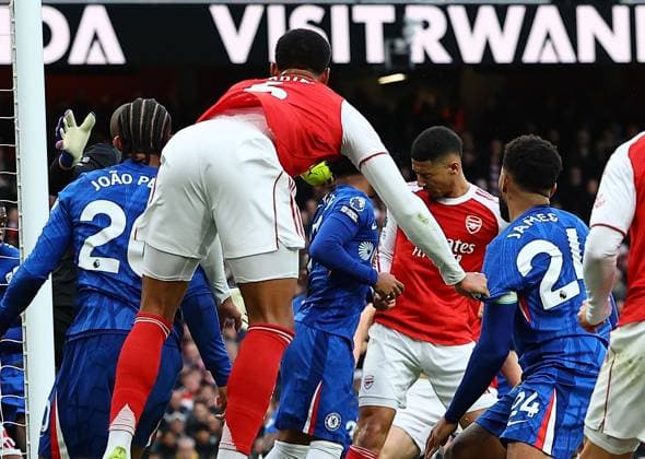 William Saliba of Arsenal scores the opening goal Arsenal v Chelsea, Premier League, Football, Emirates Stadium, London, UK - 01 Mar 2026London Emirates Stadium United Kingdom EDITORIAL USE ONLY No use with unauthorised audio, video, data, fixture lists, club league logos or live services. Online in-match use limited to 120 images, no video emulation. No use in betting, games or single club league player publications. Copyright: xMichaelxZemanek Shutterstockx 16708844y