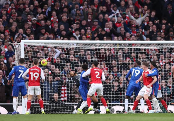 London, England, 1st March 2026. William Saliba of Arsenal directs a header toward goal and scores during the Arsenal vs Chelsea Premier League match at the Emirates Stadium, London. Picture credit should read: David Klein Sportimage EDITORIAL USE ONLY. No use with unauthorised audio, video, data, fixture lists, club league logos or live services. Online in-match use limited to 120 images, no video emulation. No use in betting, games or single club league player publications. SPI_027_DK_Arsenal_Chelsea SPI-4568-0027