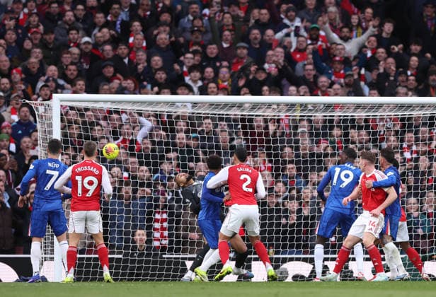 London, England, 1st March 2026. William Saliba of Arsenal directs a header toward goal and scores during the Arsenal vs Chelsea Premier League match at the Emirates Stadium, London. Picture credit should read: David Klein Sportimage EDITORIAL USE ONLY. No use with unauthorised audio, video, data, fixture lists, club league logos or live services. Online in-match use limited to 120 images, no video emulation. No use in betting, games or single club league player publications. SPI_028_DK_Arsenal_Chelsea SPI-4568-0028