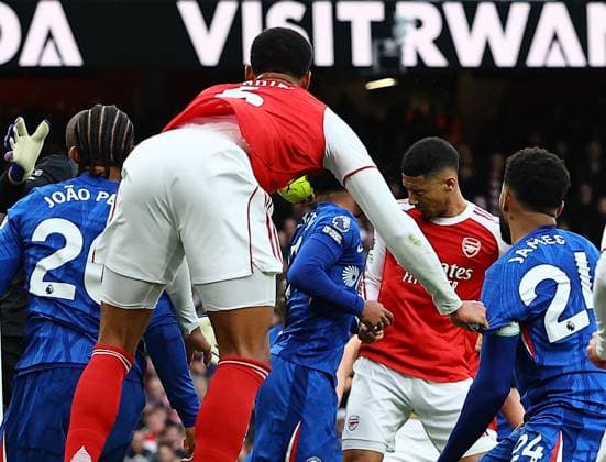 William Saliba of Arsenal scores the opening goal Arsenal v Chelsea, Premier League, Football, Emirates Stadium, London, UK - 01 Mar 2026London Emirates Stadium United Kingdom EDITORIAL USE ONLY No use with unauthorised audio, video, data, fixture lists, club league logos or live services. Online in-match use limited to 120 images, no video emulation. No use in betting, games or single club league player publications. Copyright: xMichaelxZemanek Shutterstockx 16708844z