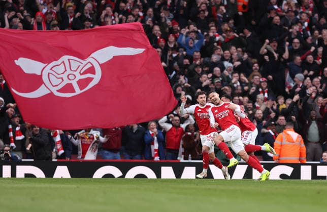 London, England, 1st March 2026. William Saliba of Arsenal celebrates scoring the first goal during the Arsenal vs Chelsea Premier League match at the Emirates Stadium, London. Picture credit should read: David Klein Sportimage EDITORIAL USE ONLY. No use with unauthorised audio, video, data, fixture lists, club league logos or live services. Online in-match use limited to 120 images, no video emulation. No use in betting, games or single club league player publications. SPI_030_DK_Arsenal_Chelsea SPI-4568-0032