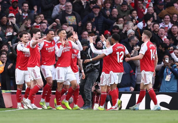 London, England, 1st March 2026. William Saliba of Arsenal celebrates scoring the first goal during the Arsenal vs Chelsea Premier League match at the Emirates Stadium, London. Picture credit should read: David Klein Sportimage EDITORIAL USE ONLY. No use with unauthorised audio, video, data, fixture lists, club league logos or live services. Online in-match use limited to 120 images, no video emulation. No use in betting, games or single club league player publications. SPI_031_DK_Arsenal_Chelsea SPI-4568-0033