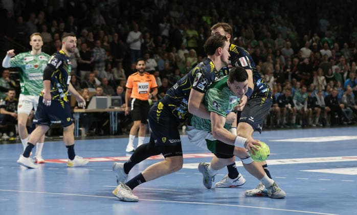 Halil Jaganjac, Mijajlo Marsenic duel Match scene Action Sport Handball HBL Bundesliga Men 23 Matchday Season 2025 2026 01 03 2026 Füchse Berlin vs Rhein Neckar Löwen RNL