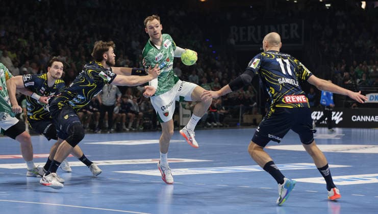 Steven Plucnar Jacobsen, Mathias Gidsel, Lukas Sandell duel Match scene Action Sport Handball HBL Bundesliga Men 23 Matchday Season 2025 2026 01 03 2026 Füchse Berlin vs Rhein Neckar Löwen RNL