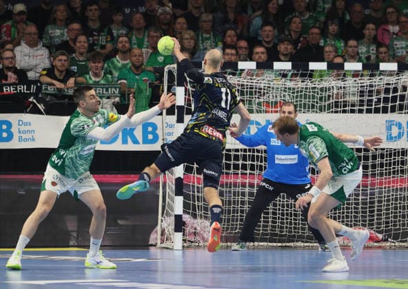 GER HBL Season 2025 2026 FÜCHSE Berlin vs Rhein Neckar Löwen, 01 03 26, Max Schmeling Halle, Berlin, Nejc CEHTE Füchse Berlin 22 , Lukas SANDELL Rhein Neckar Löwen 11 , Dejan MILOSAVLJEV Füchse Berlin 96 , Max DARJ Füchse Berlin 5