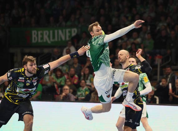 GER HBL Season 2025 2026 FÜCHSE Berlin vs Rhein Neckar Löwen, 01 03 26, Max Schmeling Halle, Berlin, Steven Plucnar JACOBSEN Rhein Neckar Löwen 9 cannot hold Mathias GIDSEL Füchse Berlin 19