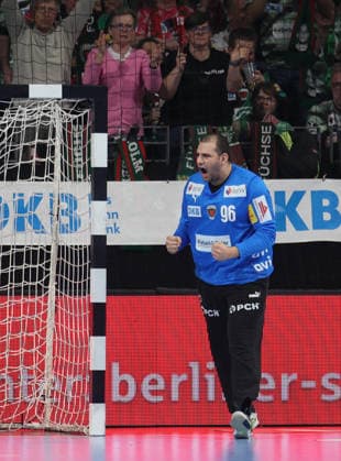 GER HBL season 2025 2026 FÜCHSE Berlin vs Rhein Neckar Löwen, 01 03 26, Max Schmeling Halle, Berlin, Dejan MILOSAVLJEV Füchse Berlin 96 cheers after a successful save, scream, emotion, fist