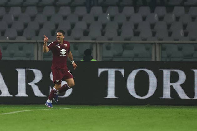 Giovanni Simeone (Torino Fc) celebrates after scoring his team s first goal, Serie A, Torino FC v SS Lazio , Olimpico, March 1, 2026, Turin, Italy.