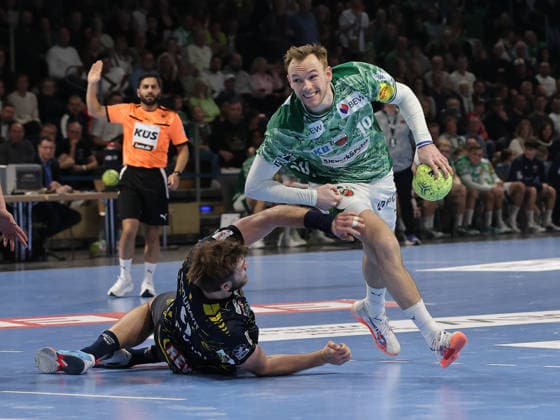 Steven Plucnar Jacobsen, Mathias Gidsel on the ball duel Match scene Action Sport Handball HBL Bundesliga Men 23 Matchday Season 2025 2026 01 03 2026 Füchse Berlin vs Rhein Neckar Löwen RNL
