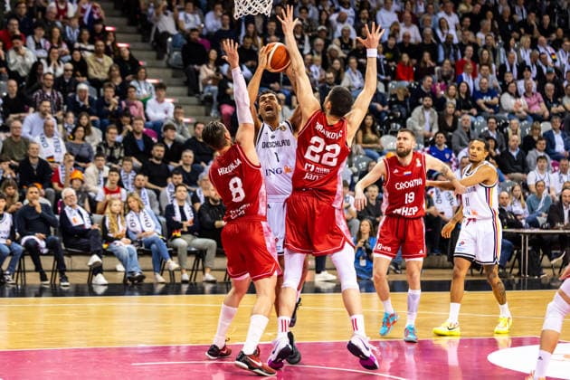 GER, FIBA Basketball World Cup 2027, European Qualifiers, Germany Croatia 01 03 2026, Telekom Dome, Bonn, GER, FIBA Basketball World Cup 2027, European Qualifiers, Germany Croatia Oscar da Silva Germany, No1 , Mario Hezonja Croatia, No8 , Danko Brankovic Croatia, No22 Â Photo Alexander Trienitz Bonn Telekom Dome North Rhine-Westphalia Germany