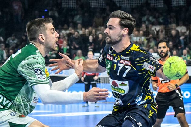 01 03 2026, xlakx, Handball Daikin HBL, Fuechse Berlin Rhein Neckar Löwen v l Nejc Cehte Fuechse Berlin , Dani Baijens Rhein Neckar Loewen duel, duel, fight, tackle Berlin Daniel Lakomski