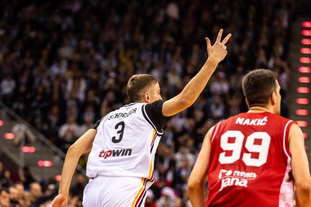 GER, FIBA Basketball World Cup 2027, European Qualifiers, Germany Croatia 01 03 2026, Telekom Dome, Bonn, GER, FIBA Basketball World Cup 2027, European Qualifiers, Germany Croatia Tim Schneider Germany, No3 cheers  Photo Alexander Trienitz Bonn Telekom Dome North Rhine-Westphalia Germany