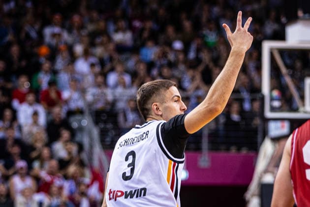 FIBA World Cup Qualifier Germany vs Croatia 01 03 2026 Tim Schneider Deutscher Basketball Bund 3 celebrates a successful three-pointer FIBA Basketball World Cup 2027 European Qualifiers, Germany vs Croatia, 1 3 2026, Telekom Dome, Bonn Copyright: xBEAUTIFULxSPORTS Derixx