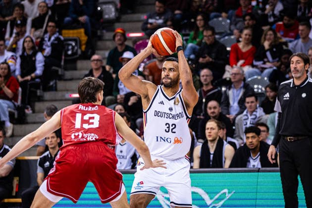 FIBA World Cup Qualifier Germany vs Croatia 01 03 2026 Johannes Thiemann Deutscher Basketball Bund 32 vs Michael RuziÄ‡ Croatia 13 FIBA Basketball World Cup 2027 European Qualifiers, Germany vs Croatia, 1 3 2026, Telekom Dome, Bonn Copyright: xBEAUTIFULxSPORTS Derixx