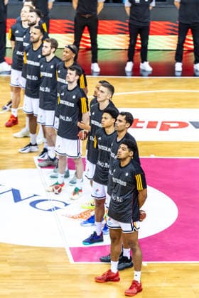 GER, FIBA Basketball World Cup 2027, European Qualifiers, Germany Croatia 01 03 2026, Telekom Dome, Bonn, GER, FIBA Basketball World Cup 2027, European Qualifiers, Germany Croatia Team Germany during the national anthem Â Photo Alexander Trienitz Bonn Telekom Dome North Rhine-Westphalia Germany