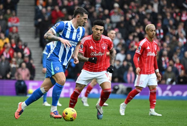 Lewis Dunk of Brighton with the ball during the Premier League match between Brighton and Hove Albion and Nottingham Forest at the American Express Stadium, Brighton UK - Sunday 1st March 2026 Brighton v Nottingham Forest Premier League Football, Amex Stadium, Sussex, UK - 01 Mar 2026Brighton Amex Stadium Sussex United Kingdom Editorial use only. No merchandising. For Football images FA and Premier League restrictions apply inc. no internet mobile usage without FAPL license - for details contact Football Dataco  Copyright: xLizxFinlayson TPI Shutterstockx 16718466bh