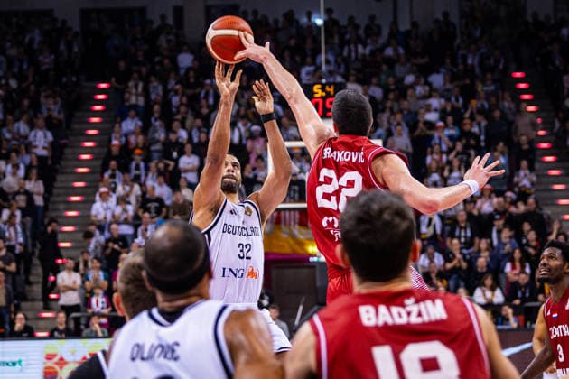 FIBA World Cup Qualifier Germany vs. Croatia 01 03 2026 Danko BrankoviÄ‡ Croatia 22 blocks Johannes Thiemann Deutscher Basketball Bund 32 FIBA Basketball World Cup 2027 European Qualifiers, Germany vs. Croatia, 1 3 2026, Telekom Dome, Bonn Copyright: xBEAUTIFULxSPORTS Derixx