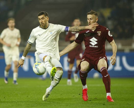 Mattia Zaccagni of SS Lazio and Ardian Ismajli of Torino FC during the Italian Serie A, season 2025-2026, football match between Torino FC and SS Lazio on 01 March 2026 at Stadio Olimpico Grande Torino, Turin, Italy. Photo, Nderim Kaceli  Copyright: xNderimxKaceli IPAxSportx xipa-agency.netx xx IPA_72234555 IPA_Agency_IPA72234555