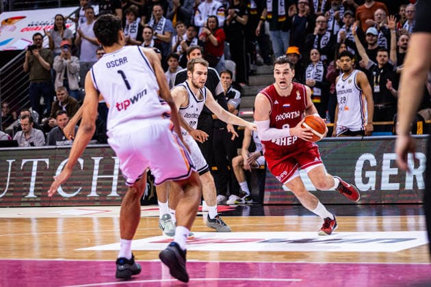 FIBA World Cup Qualifier Germany vs Croatia 01 03 2026 Mario Hezonja Croatia 8 moves to the basket FIBA Basketball World Cup 2027 European Qualifiers, Germany vs Croatia, 1 3 2026, Telekom Dome, Bonn Copyright: xBEAUTIFULxSPORTS Derixx