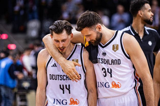 FIBA World Cup Qualifier Germany vs. Croatia 01 03 2026 David Kramer Deutscher Basketball Bund 44 and Leon Kratzer Deutscher Basketball Bund 34 FIBA Basketball World Cup 2027 European Qualifiers, Germany vs. Croatia, 1 3 2026, Telekom Dome, Bonn Copyright: xBEAUTIFULxSPORTS Derixx