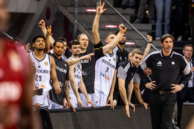 GER, FIBA Basketball World Cup 2027, European Qualifiers, Germany Croatia 01 03 2026, Telekom Dome, Bonn, GER, FIBA Basketball World Cup 2027, European Qualifiers, Germany Croatia The bench of Team Germany cheers Â Photo Alexander Trienitz Bonn Telekom Dome North Rhine-Westphalia Germany