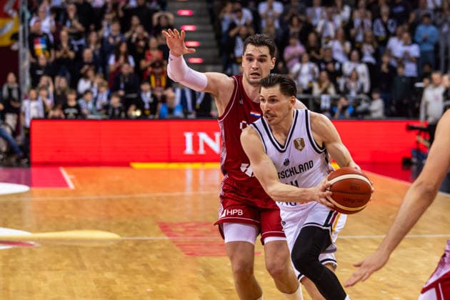 GER, FIBA Basketball World Cup 2027, European Qualifiers, Germany Croatia 01 03 2026, Telekom Dome, Bonn, GER, FIBA Basketball World Cup 2027, European Qualifiers, Germany Croatia David Krämer Germany, No44 , Mario Hezonja Croatia, No8 Â Photo Alexander Trienitz Bonn Telekom Dome North Rhine-Westphalia Germany