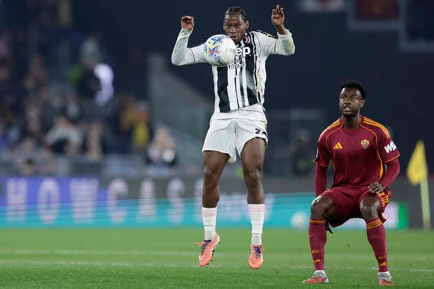 Italy: Serie a football match AS Roma vs Juventus juventus Canadian forward Jonathan David challenges for the ball with Roma™s Ivorian defender Evan Ndicka during the Serie A football match between AS Roma vs Juventus at the Olimpico Stadium in Rome, Italy on March 01, 2026. _BPH6856 Copyright: xAntonioxBalascox