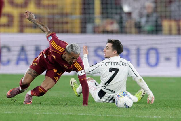 Italy: Serie a football match AS Roma vs Juventus Roma™s Brazilian defender Wesley challenges for the ball with juventus Portuguese forward Francisco Conceicao during the Serie A football match between AS Roma vs Juventus at the Olimpico Stadium in Rome, Italy on March 01, 2026. _BPH6954 Copyright: xAntonioxBalascox