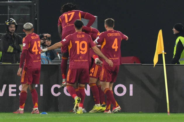 1st March 2026, Stadio Olimpico, Rome, Italy; Serie A Football; Roma versus Juventus; Evan Ndicka of AS Roma celebrates after scoring goal in the 54th minute for 2-1  AllShotLive Content restricted for UK based newspaper