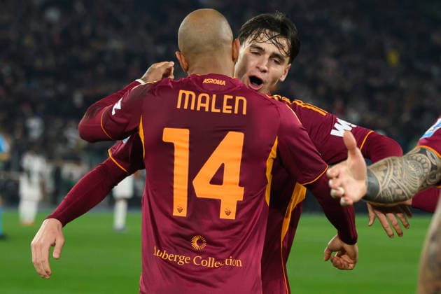 Donyell Malen of AS Roma celebrates with Niccolo Pisilli after scoring the goal of 3-1 during the Serie A 2025 2026 football match between AS Roma and Juventus FC at Stadio Olimpico in Rome (Italy), March 1, 2026. andreaxstaccioli