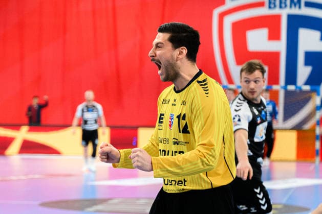 Bietigheim HBL 25 26 SG BBM Bietigheim HSG Nordhorn Lingen Torhueter Martin Tomovski Bietigheim Jubel Freude Emotion Bietigheim Bissingen Egetrans Arena Baden Württemberg Germany