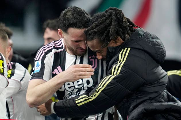 Federico Gatti (Juventus FC) celebrates with Khephren Thuram (Juventus FC) after scoring his team s third goal, Serie A, AS Roma v Juventus FC, Olimpico Stadium, March 1, 2026, Rome, Italy.