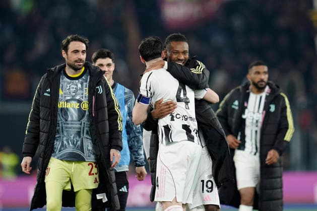 Federico Gatti (Juventus FC) celebrates with Khephren Thuram (Juventus FC), Serie A, AS Roma v Juventus FC, Olimpico Stadium, March 1, 2026, Rome, Italy.