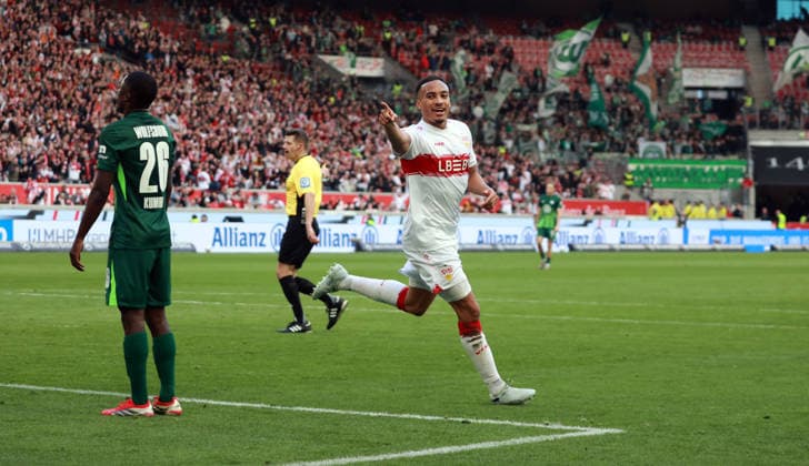 01 03 26 VfB Stuttgart VfL Wolfsburg Germany, Stuttgart, 01 03 2026, Football, Bundesliga, Season 2025 2026, VfB Stuttgart VfL Wolfsburg Jamie Leweling VfB Stuttgart Jubel Tor 2 0 Leweling
