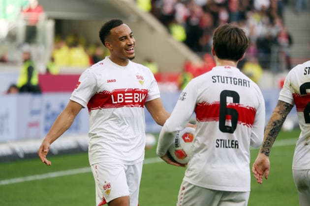 01 03 26 VfB Stuttgart VfL Wolfsburg Germany, Stuttgart, 01 03 2026, Football, Bundesliga, Season 2025 2026, VfB Stuttgart VfL Wolfsburg Jamie Leweling VfB Stuttgart Jubel Tor 3 0 Leweling