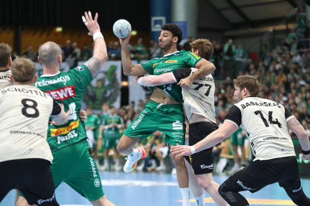 Handball DAIKIN HBL, SC DHfK Leipzig Bergischer HC 01 03 2026 Ahmed Khairi 17, SC DHfK Leipzig , attacked by Johannes Wasielewski 77, Bergischer HC Handball, DAIKIN HBL, 1 Bundesliga, Season 2025 2026, Matchday 23 SC DHfK Leipzig vs Bergischer HC on 01 03 2026 at Quarterback Immobilien Arena Leipzig Copyright: xBEAUTIFULxSPORTS JanxKaeferx