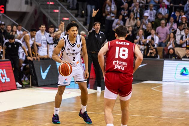 GER, FIBA Basketball World Cup 2027, European Qualifiers, Germany Croatia 01 03 2026, Telekom Dome, Bonn, GER, FIBA Basketball World Cup 2027, European Qualifiers, Germany Croatia Jack Kayil Germany, No2 , Roko Badzim Croatia, No18 Â Photo Alexander Trienitz Bonn Telekom Dome Nordrhein Westfalen Germany