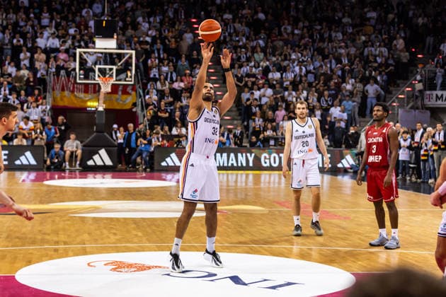 GER, FIBA Basketball World Cup 2027, European Qualifiers, Germany Croatia 01 03 2026, Telekom Dome, Bonn, GER, FIBA Basketball World Cup 2027, European Qualifiers, Germany Croatia Johannes Thiemann Germany, No 32 during a free throw Â Photo Alexander Trienitz Bonn Telekom Dome North Rhine-Westphalia Germany