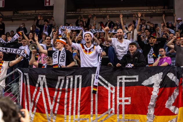 GER, FIBA Basketball World Cup 2027, European Qualifiers, Germany Croatia 01 03 2026, Telekom Dome, Bonn, GER, FIBA Basketball World Cup 2027, European Qualifiers, Germany Croatia Fans of Team Germany are happy about the victory Â Photo Alexander Trienitz Bonn Telekom Dome North Rhine-Westphalia Germany