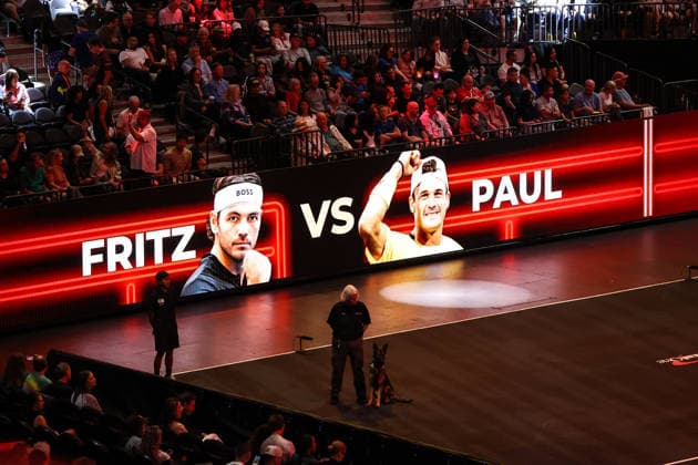 March 1, 2026: A LED billboard shows the images of two players prior to the start of the MGM Slam Presented by Capital One on March 1, 2026 at T-Mobile Arena in Las Vegas, NV. Cal Media. Tennis 2026: MGM Slam Presented By Capital One MAR 01  - ZUMAc04_ 20260301_zma_c04_049 Copyright: xChristopherxTrimx