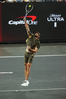 March 1, 2026: Reilly Opelka serves the ball during the MGM Slam Presented by Capital One on March 1, 2026 at T-Mobile Arena in Las Vegas, NV. Cal Media. Las Vegas United States of America - ZUMAc04_ 20260301_zma_c04_055 Copyright: xChristopherxTrimx