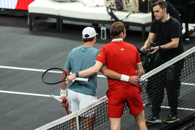 March 1, 2026: (L-R) Joao Fonseca greets Alexander Bublik at the net during the semi-final game during the MGM Slam Presented by Capital One on March 1, 2026 at T-Mobile Arena in Las Vegas, NV. Cal Media. Las Vegas United States of America - ZUMAc04_ 20260301_zma_c04_117 Copyright: xChristopherxTrimx