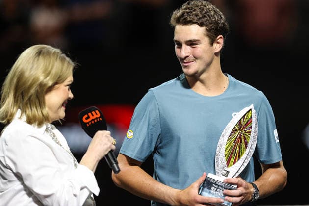 March 1, 2026: Joao Fonseca gives an interview while holding the championship trophy at the conclusion of the MGM Slam Presented by Capital One on March 1, 2026 at T-Mobile Arena in Las Vegas, NV. Cal Media. Tennis 2026: MGM Slam Presented By Capital One MAR 01  - ZUMAc04_ 20260301_zma_c04_234 Copyright: xChristopherxTrimx
