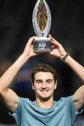 March 1, 2026: Joao Fonseca poses for photos, while holding the championship trophy, after winning the MGM Slam Presented by Capital One on March 1, 2026 at T-Mobile Arena in Las Vegas, NV. Cal Media. Tennis 2026: MGM Slam Presented By Capital One MAR 01  - ZUMAc04_ 20260301_zma_c04_237 Copyright: xChristopherxTrimx