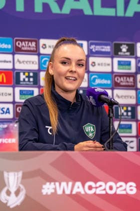 Kotryna Kulbyte (Uzbekistan Head Coach) answers a question during the AFC Womens Asian Cup 2026 MD-1 press conference, PK, Pressekonferenz ahead of Group B game between DPR Korea and Uzbekistan at Western Sydney Stadium in Sydney, Australia. Copyright: xNoexLlamasx xSPPx Sportspressphoto_SPR99754