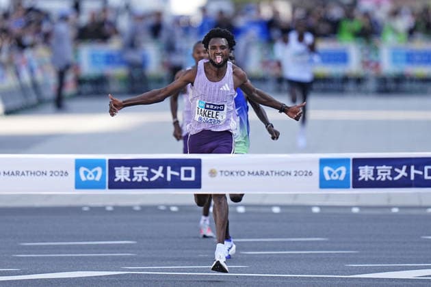 Athletics: Tokyo Marathon Ethiopia s Tadese Takele does a pre-celebration before crossing the finish line to win the Tokyo Marathon for the second consecutive year on March 1, 2026, in Tokyo.  A14AA0005339917P