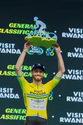 (260302) -- KIGALI, March 2, 2026 -- First-placed Moritz Kretschy of NSN Development Team poses during the awarding ceremony for general classification of the Tour du Rwanda 2026 in Kigali, Rwanda, March 1,2026. (Photo by Xinhua) (SP)RWANDA-KIGALI-CYCLING-TOUR DU RWANDA 2026 CyrilxNdegeya 