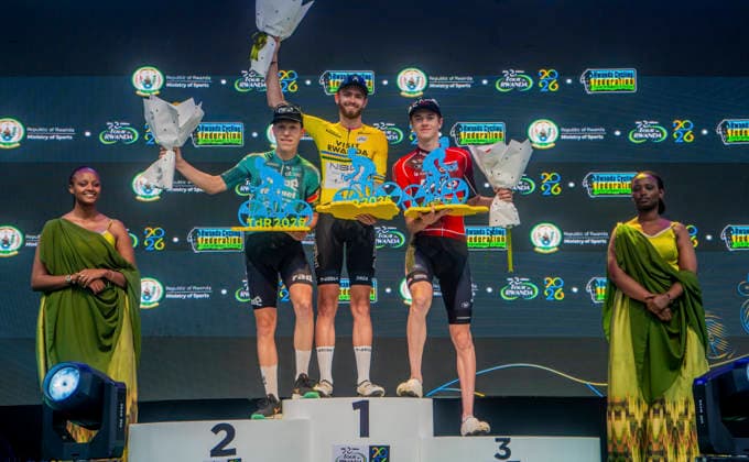 (260302) -- KIGALI, March 2, 2026 -- First-placed Moritz Kretschy of NSN Development Team (C), second-placed Johannes Adamietz (L) of Rembe Rad-net and third-placed Duarte Marivoet of Lotto-Groupe Wanty pose during the awarding ceremony for general classification of the Tour du Rwanda 2026 in Kigali, Rwanda, March 1,2026. (Photo by Xinhua) (SP)RWANDA-KIGALI-CYCLING-TOUR DU RWANDA 2026 CyrilxNdegeya 